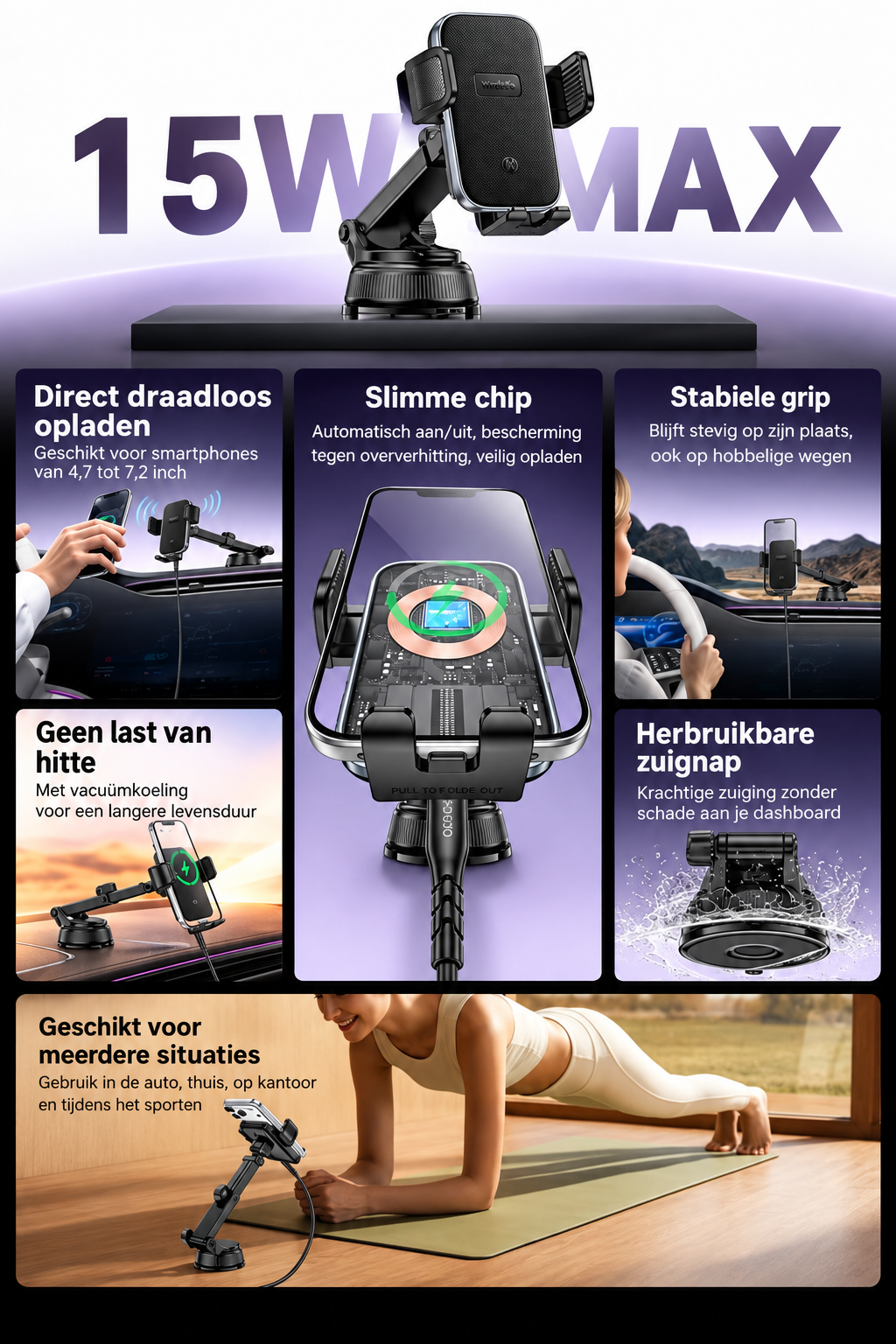 Draadloze Autolader 15W Telefoonhouder | AutoLux